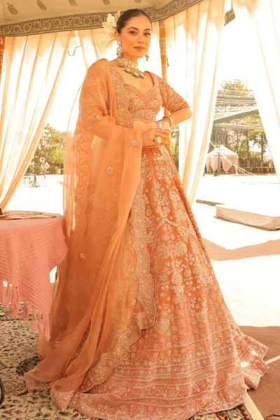 Peach Velvet Lehenga - view 1